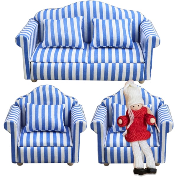 Miniatyyri Nukkekotisohvasetti - Punainen ja Valkoinen Raidalliset 1:12 Mittakaavan Olohuoneen Leikkikaluhuippukalusteet Blue Three piece set