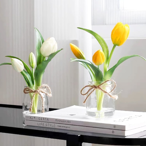 2 Pakke Ægte Touch Tulipaner i Vase med Kunstig Vand, Kunstige Blomster til Hjemmets Midtpunkt White+yellow