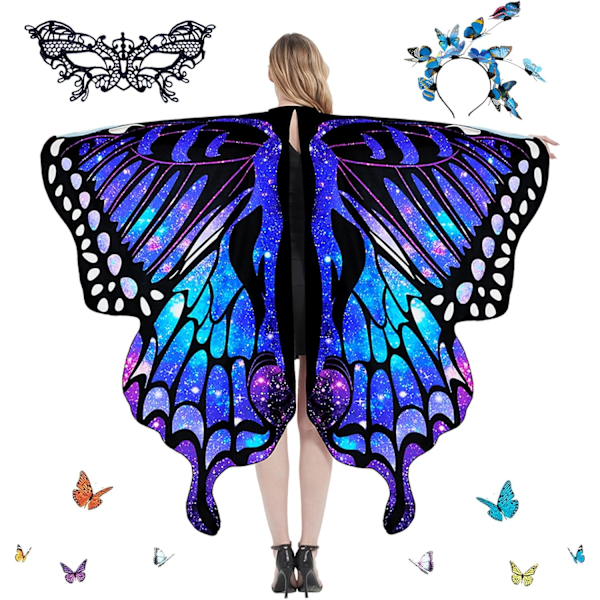 Dames Butterfly Kappe med Tiara og Vinger, Farverig Maske til Halloweenfester