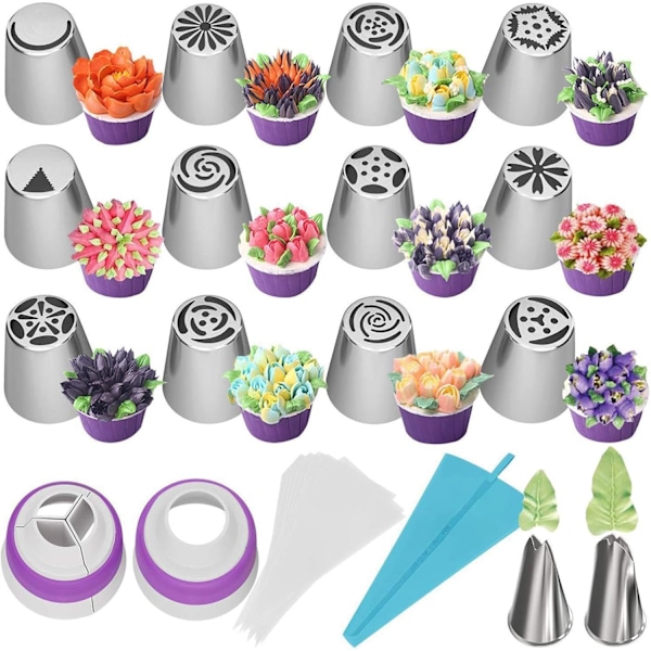 Cupcake glasursett - Kakedekorasjonstips, glasurposer | Med konditorpose kakedekorasjonstips for glasur kaker 27 st-tpu premiummodell