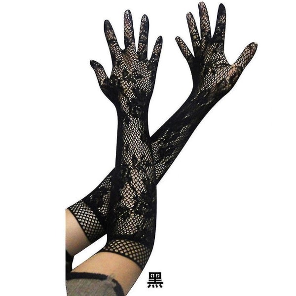 CQBB Långa handskar för kvinnor Kvällsfest Transparent spets Eleganta handskar Svarta