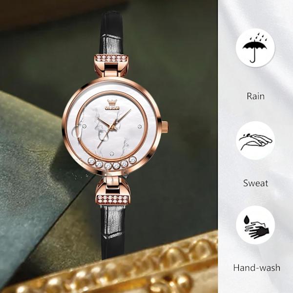 Elegant Damearmbåndsur med Diamant - Analogt Kvartsur Vannresistent Smaragd Ur - Mote Klesur med Lærreim Svart Black