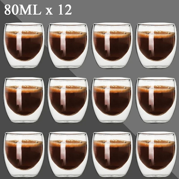 80ml dubbelväggat glaskopp 2/12ST Transparent handgjord värmebeständig tedrink set Espresso kaffe Mjölkmuggar Present 2pcs 80ml Som visas