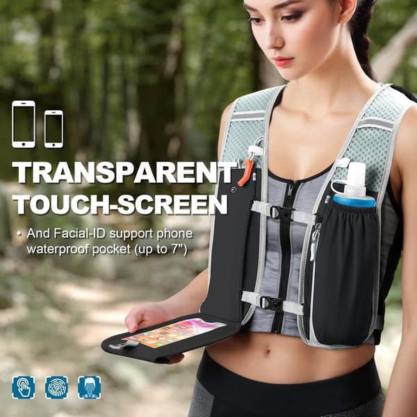 Hydreringsløbevest, åndbar polyester, refleksstriber, telefonholder, til løb, cykling og maraton, sort