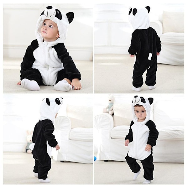 Baby Dreng Pige Barn Tegnefilm Dyr Hætte Romper Fleece Jumpsuit Body Vinter Varme Tøj i ét stykke Sort og Hvid Black and White 0-6 Months