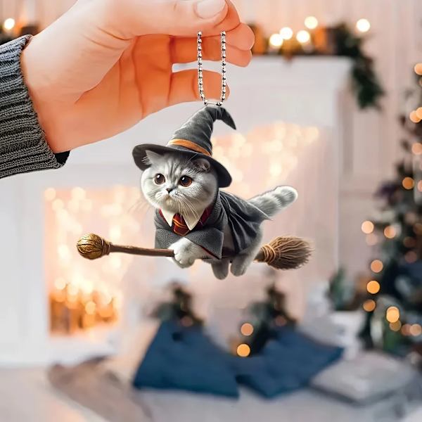 2D Akryl Flat Magic Cat Pendul, Bakspejl Dekoration Pendul, Nøglering Dekoration Vedhæng, Hjem Dekoration Sort