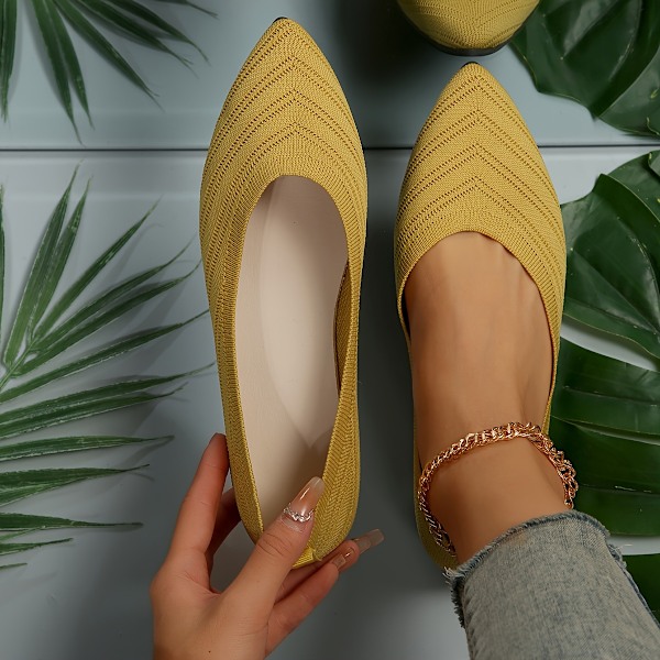 Platta spetsiga tåskor för kvinnor, enfärgade stickade slip-on-skor, casual andningsbara balettskor Gul CN37(EU36)
