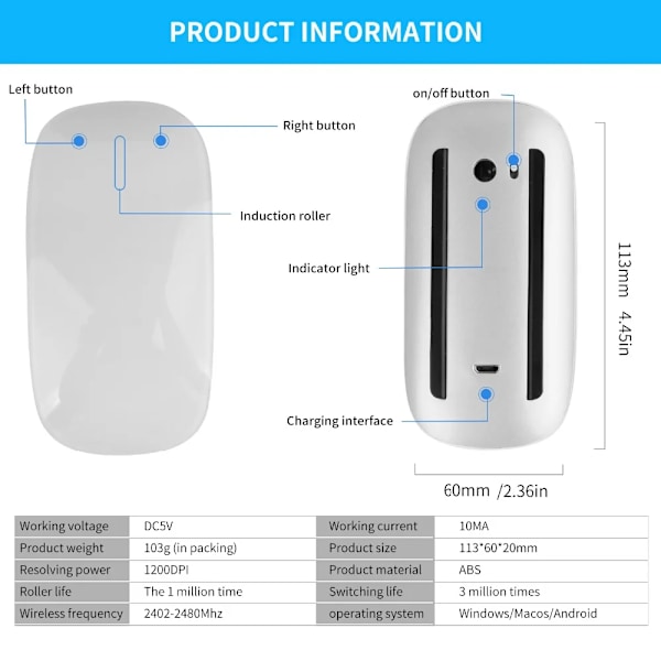 Bluetooth trådlös magisk mus tyst laddningsbar laser datormus smal ergonomisk PC-möss för Apple Macbook Microsoft Rechargeable version