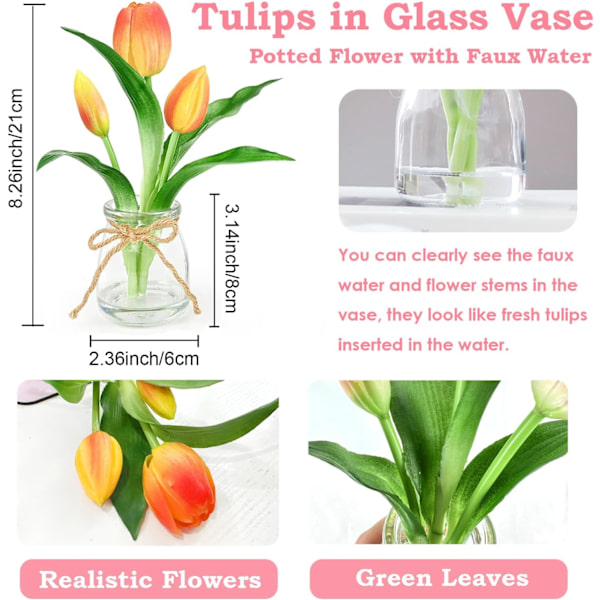 Orange Tulipaner i Glasvase med Kunstigt Vand, Blomsterarrangement til Hjemmet og Festdekoration Orange