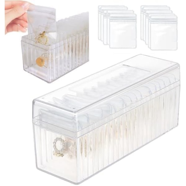 Akryl Smykkeæske med 20 Bærbare Poser til Rejse Smykker, Klar Organizer Box + 20 bags