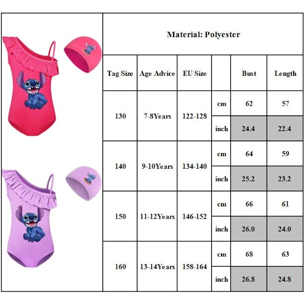 Barn Flickor Lilo Stitch Tryckt Monokini Baddräkt & Badmössa Kostym Surf Strandkläder Sommar En Del Baddräkt Rosröd Rose Red 150cm