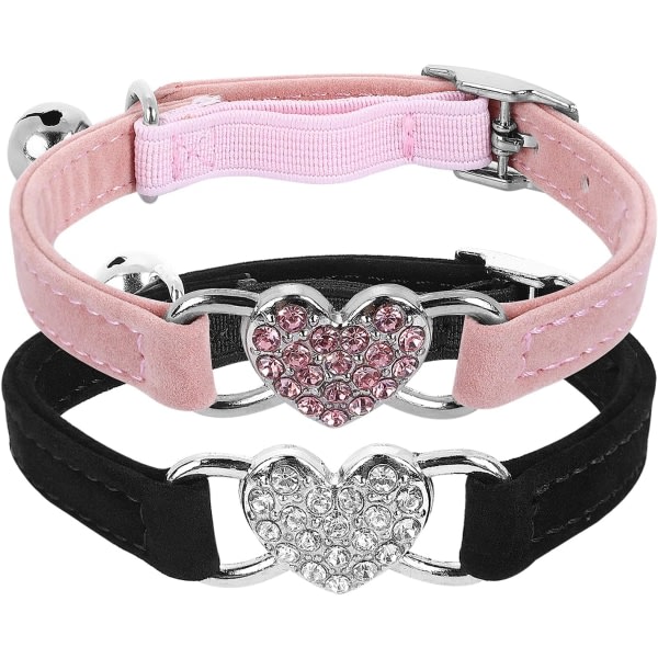 CQBB Justerbart hjärtformat halsband med klocka, justerbart halsband med rhinestone säkerhetsbälte för liten katt och hund (svart+rosa)