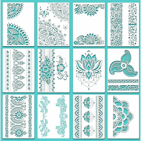 12 kappaletta suuri mandala-stencilit, uudelleenkäytettävät mandala-maalaukset, 8,3 x 11,7 tuumaa, kukkakuvio-stencilit, mandala-piirustus