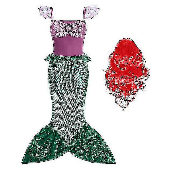 Flickor Sjöjungfru Prinsessan Klänning Ariel Kostym Barn Halloween Karneval Party Kostym Med Peruk With wig