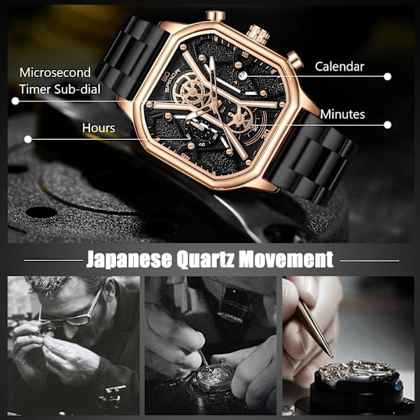 Herrar Business Rostfritt Stål Klocka Luminous Analog Armbandsur Multifunktionell Chronograph Klocka Mode Kvadratisk Klocka Svart Guld C Black gold C