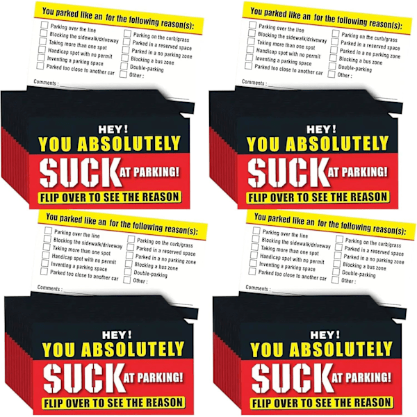 50 st Funny Bad Parking Cards, \"Du suger på att parkera\" Skämtlappar