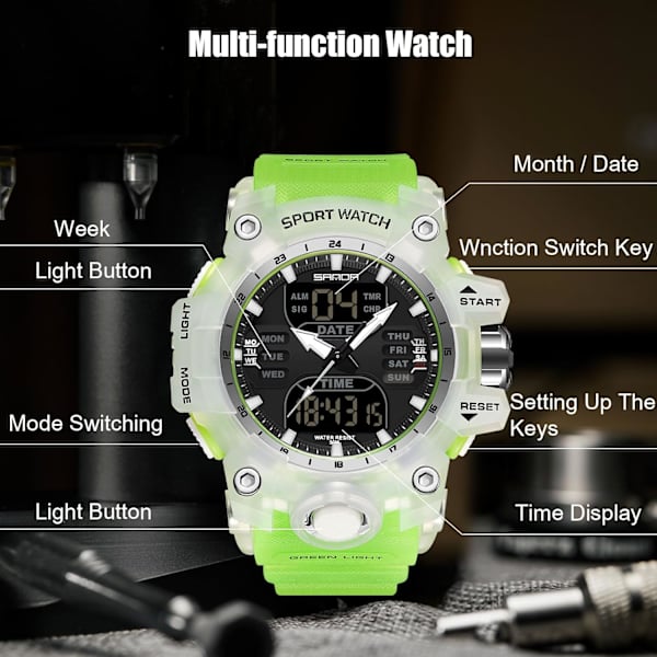 Herrar Sport Armbandsur Multifunktionell Elektronisk Klocka Digital Kvartsur Dubbel Display Klocka för Pojke 50m Vattentät GRÖN Green