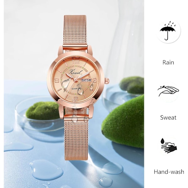 Pige Minimalistisk Armbåndsur Kvinder Analog Kvarts Ur Vandafvisende Mesh Rem Ur Kvinder Rosenguld Ur Uge Datovisning Rosenguld Rose gold