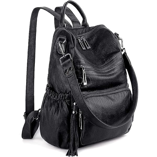 CQBB Ryggsäcksväska för kvinnor Läder Modedesigner-ryggsäck för damer Cabriolet reseaxelväska med tofs（svart）