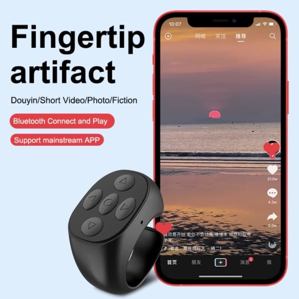 BAISE Bluetooth Fjärrkontroll Ring, Mobiltelefon Self-Timer Card Video Fjärrkontroll