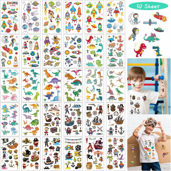 Midlertidige Tatoveringer for Barn, 30 Ark, 390 Design Vanntette Klistremerker for Bursdagsfester (Dinosaur, Rom, Pirat)