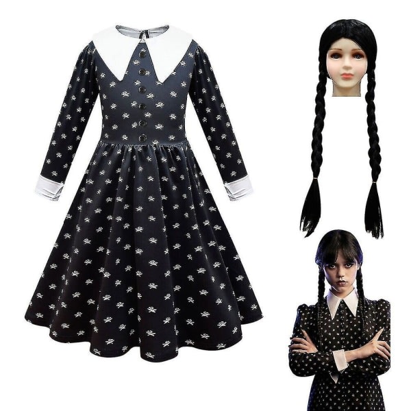 Kvinnor Flickor Addams Familjekostym Onsdag Adams Fancy Dress Peruk Party Outfit SQBB