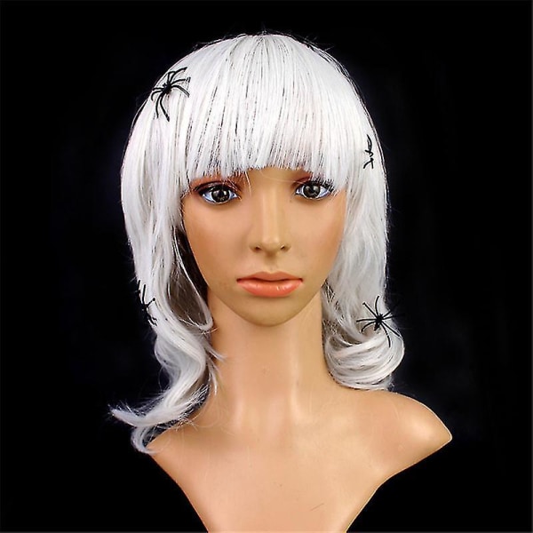 Kort vit peruk med spindel axellängd lockigt kort vågig sidodel för kvinnor Färgad kul Halloween cosplay Bob peruk