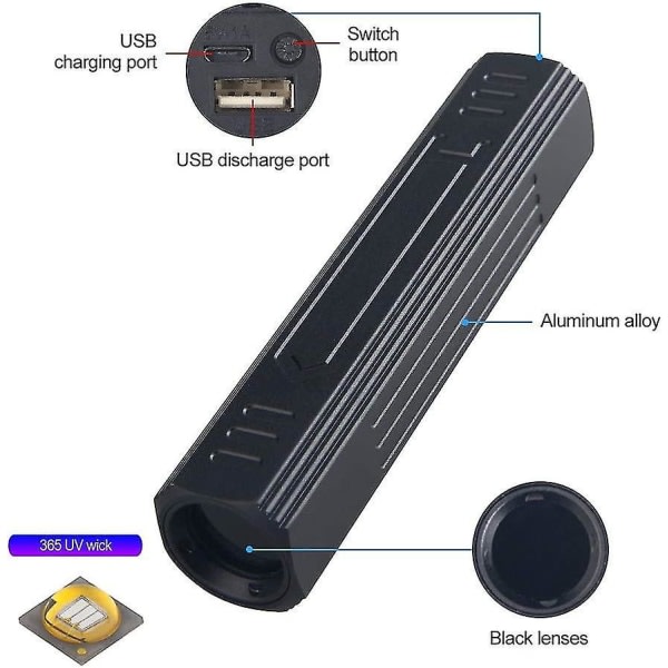 Uv365nm Uppladdningsbar Professionell UV Ficklampa med svart filter LED svart ljus ficklampa