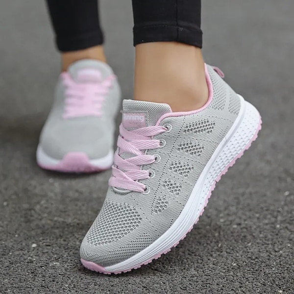 Kvinner Casual Sko Mote Pustende Turgåing Mesh Plattsko Sneakers Hvit Kvinnelige Skodor A08Grå Rosa 37