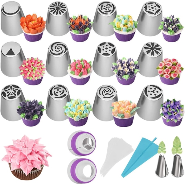 Cupcake glasursett - Kakedekorasjonstips, glasurposer | Med konditorpose kakedekorasjonstips for glasur kaker 27 st-tpu premiummodell