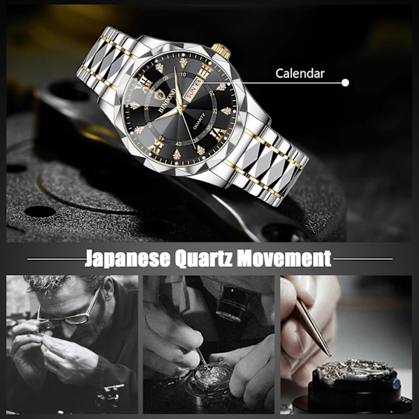 Elegant Kvarts Armbåndsur for Menn Klassisk Rustfritt Stål Herreklokke Diamant Vannresistent Klokker Multifunksjonell Forretningsklokke for Menn Gull Svart A Gold Black A