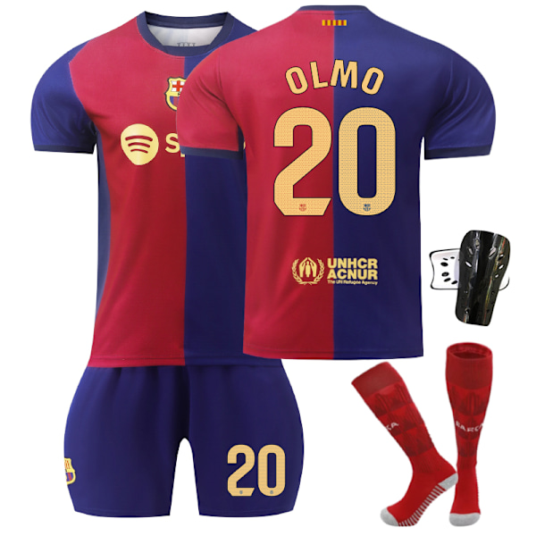 2024-2025 Barcelona Hjemme Fodboldtrøje Børn - OLMO Nr. 20 - Strømper 28 No. 20 - Sock Guards 28