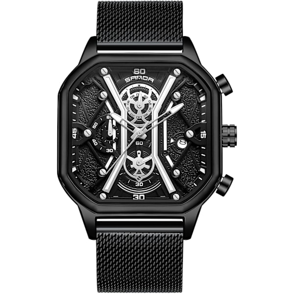 Quartz armbåndsur til mænd business rustfrit stål ur lysende analog armbåndsur multifunktionel chronograph ur mode firkantet ur Sort B Black B
