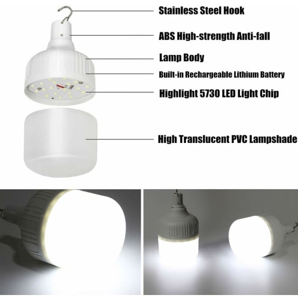 LED Camping Tältlampor USB Uppladdningsbara Handhängande Lampor Uteplats Trädgårdsgrill 2st