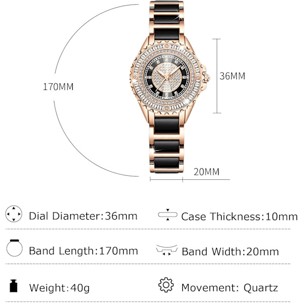 Dames Fuldt Diamant Ur Analog Kvarts Rustfrit Stål Ur Dames Vandafvisende Lysende Armbåndsur Elegant Kvadratisk Diamant Ur Sort Black