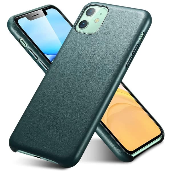 CQBB Premium case kompatibelt med iPhone 11 - Ultratunt phone case i helt läderstöd Trådlös laddning - mörkgrön