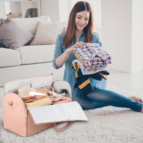 2-in-1 Kokoontaitettava PU-nahkainen Matkalaukku, Muunneltava Pukupussi, Matkalaukku Naisille Pink