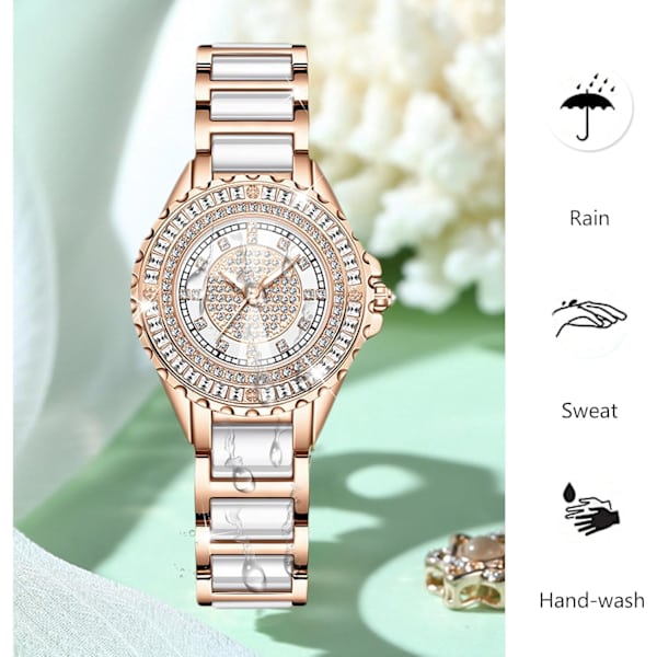 Dames Analogt Kvartsur Armbåndsur i Rustfrit Stål med Fuldt Diamantbesætning - Vandafvisende, Lysende, Elegant Kvadratisk Diamantur - Hvid White