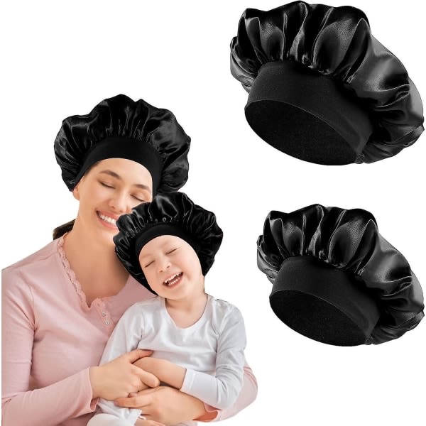 2 st satin cap, satin huva hår natt förälder-barn återanvändbar resår nattetid (svart) svart