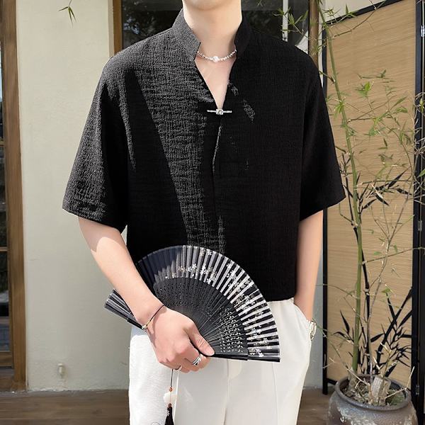 Ny kinesisk stil tunn pullover tröja kort ärm herr sommar tunn mode märken fashion kinesisk stil halv ärm skjorta män grå XXXL