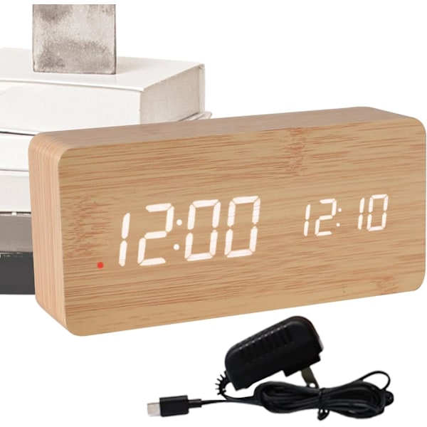 Snygg Träväggklocka med Smart Alarm, LED-Display, Justerbar Ljusstyrka för Sovrum bamboo color