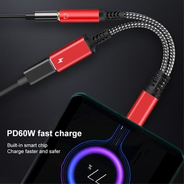 60W PD 2-in-1 USB-C - USB-C/AUX-naarasadapteri Musta 25—max