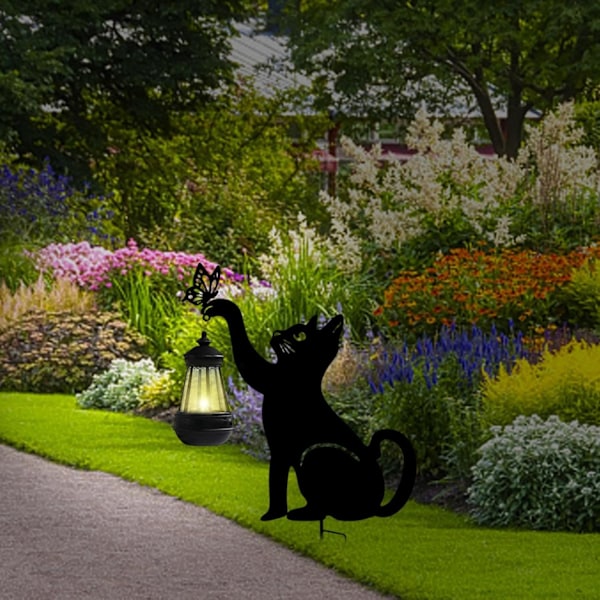 Metall kattplugg med lampa, solcellsdriven utomhuslykta | Dekorativ metallkattlampa | Trädgårdsdekoration, gräsmatta och gård