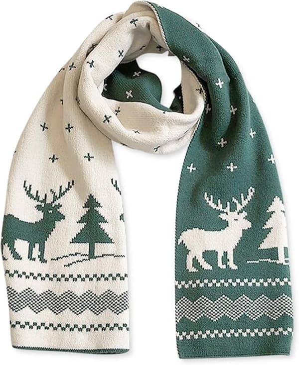 Vintervarm halsduk - Julklappshalsduk - Dubbelsidig stickad halsduk - Julgran Älg
