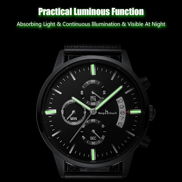 Herrar Analog Kvarts Affärsur Luminous Vattentät Armbandsur Datum Kalender Klocka Chronograf Rostfritt Stål Armband Klocka Svart C Black C