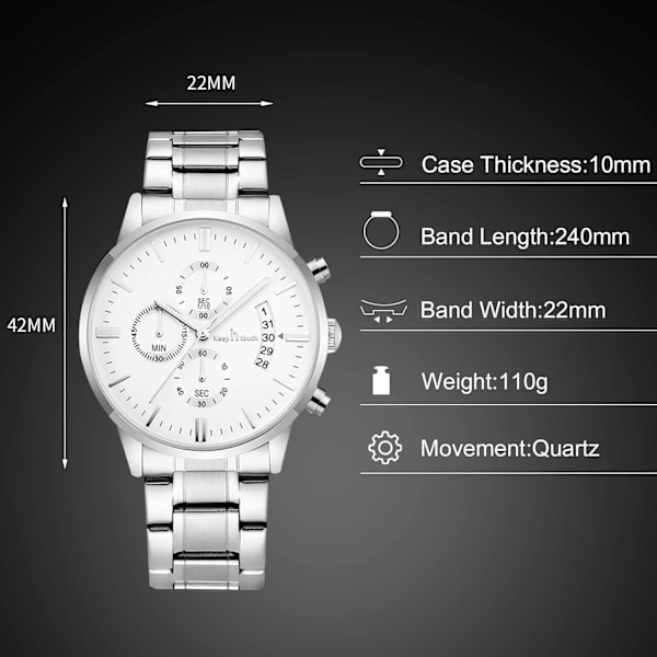 Mænds Analog Kvarts Forretningsure Lysende Vandafvisende Armbåndsur Dato Kalender Ur Chronograph Rustfrit Stål Rem Ur Sølv/Hvid Silver/white