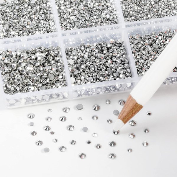 7200 st Flatback Rhinestones för Hantverk, Silver, Blandade 6 Storlekar med Vaxpenna-Set, SS3-SS10 Silver Hematite 6 Sizes/7200pcs