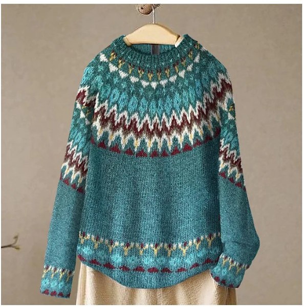 Dame Løstsiddende Strikket Trøje - Rund Hals Farveblok Mode Trøje Søblå 4XL lake blue 4XL