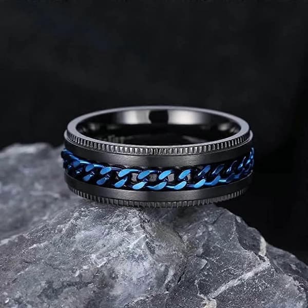 Intertwine Svarta Blå Rustfrit Stål 8mm Ringe til Mænd Spinner Fidget Ring Angstlindring til Mænd Curb Kædeindlæg-13.5-Perfekt 7-max 7