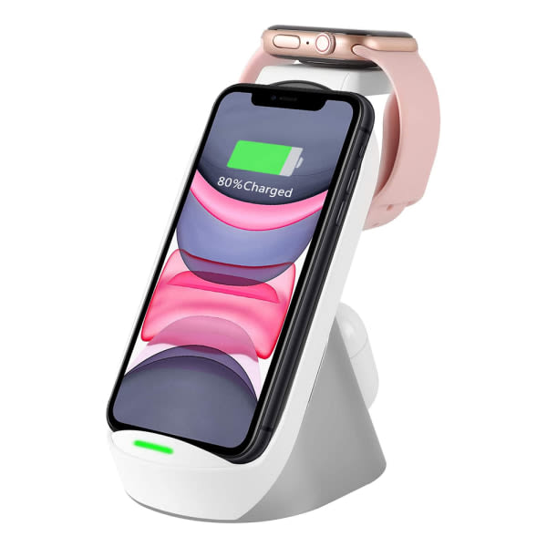 CQBB 3-i-1 mobiltelefon trådlös ställladdare - vit. Kompatibel med Apple Watch, Xiaomi, hörlurar, Huawei, Samsung, Apple